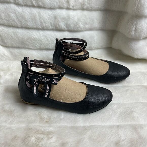 Juicy Couture girl’s black slip on flats three ankle straps gold tone studs SZ5 - Picture 8 of 8